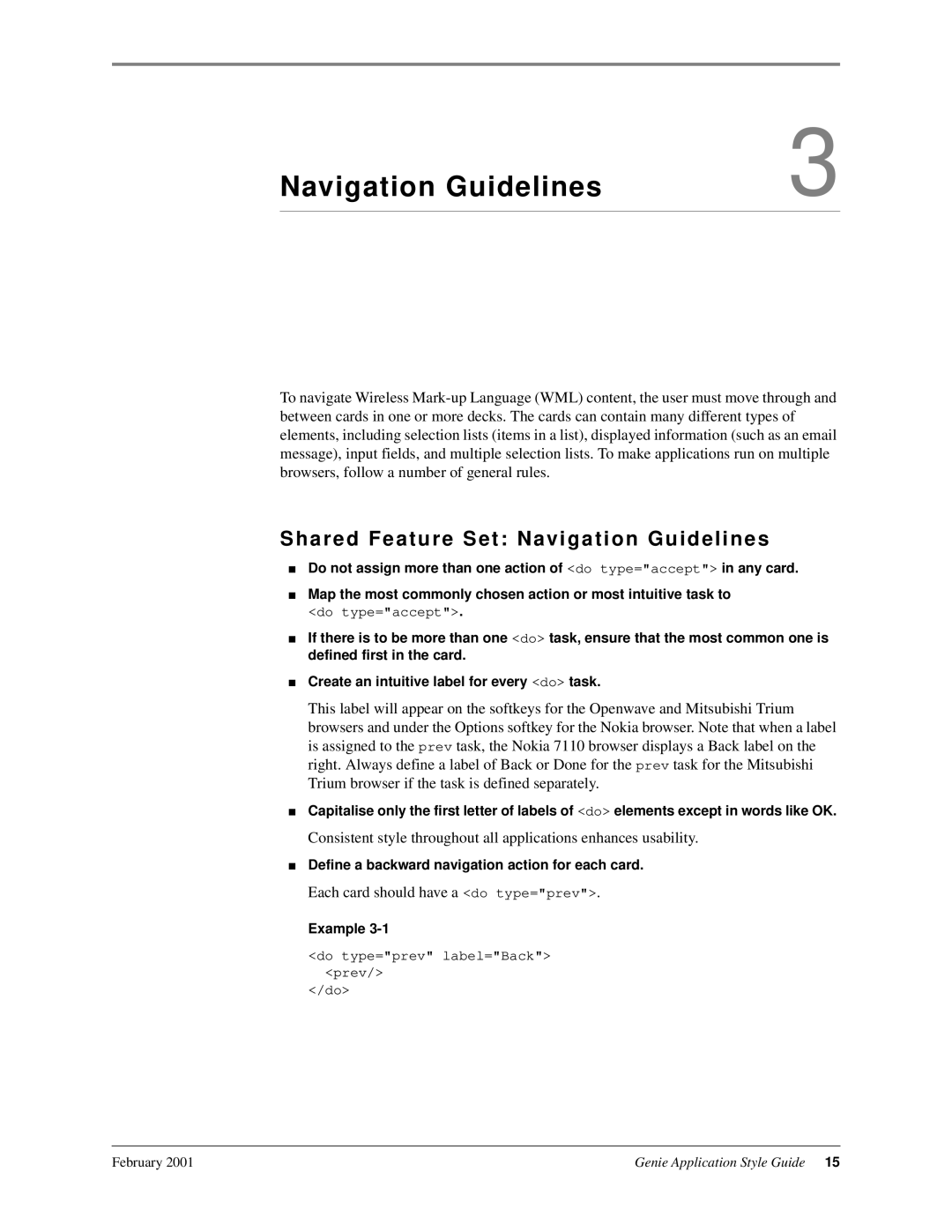 Genie 7110 manual Shared Feature Set Navigation Guidelines, Define a backward navigation action for each card, Example 