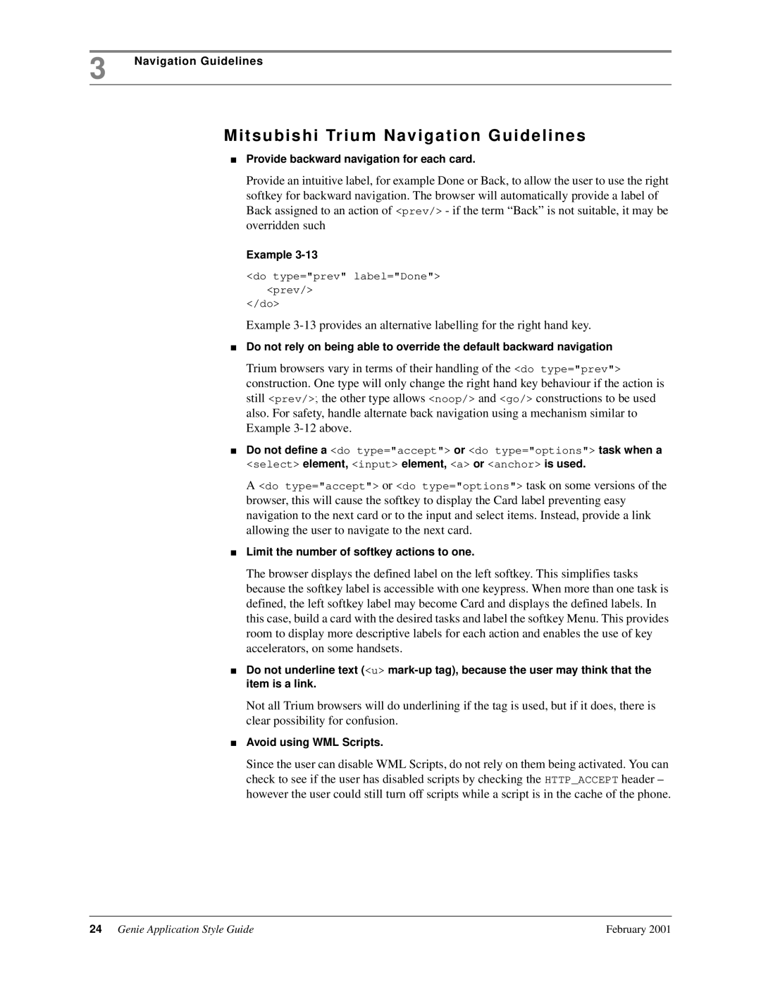 Genie 7110 Mitsubishi Trium Navigation Guidelines, Provide backward navigation for each card, Avoid using WML Scripts 