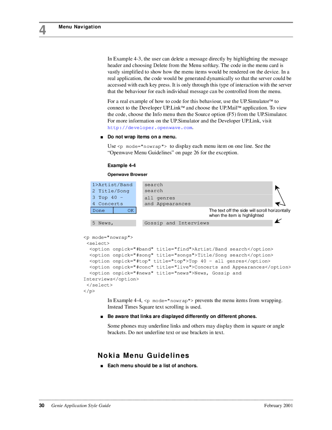 Genie 7110 manual Nokia Menu Guidelines, Do not wrap items on a menu, Each menu should be a list of anchors 