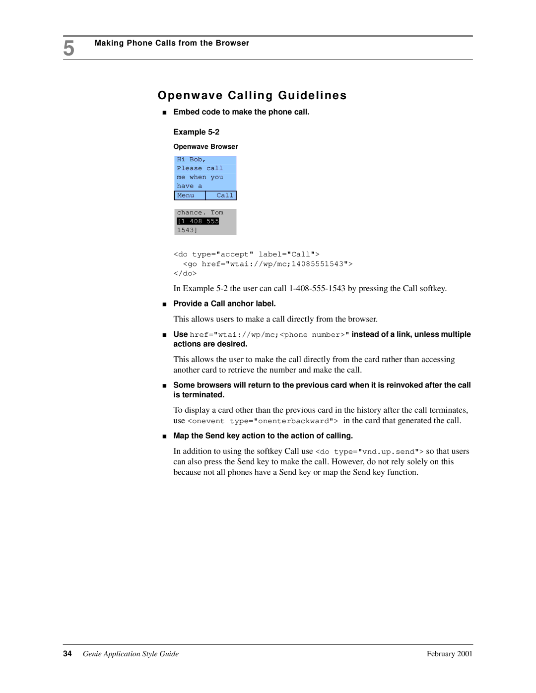 Genie 7110 Openwave Calling Guidelines, Making Phone Calls from the Browser, Embed code to make the phone call Example 