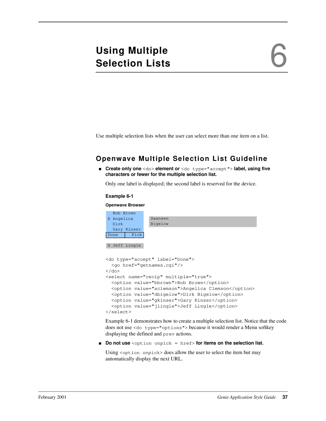 Genie 7110 manual Using Multiple Selection Lists, Openwave Multiple Selection List Guideline 