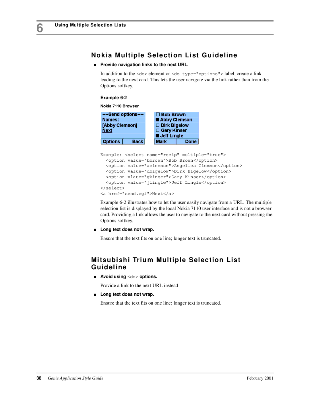 Genie 7110 manual Nokia Multiple Selection List Guideline, Mitsubishi Trium Multiple Selection List Guideline 