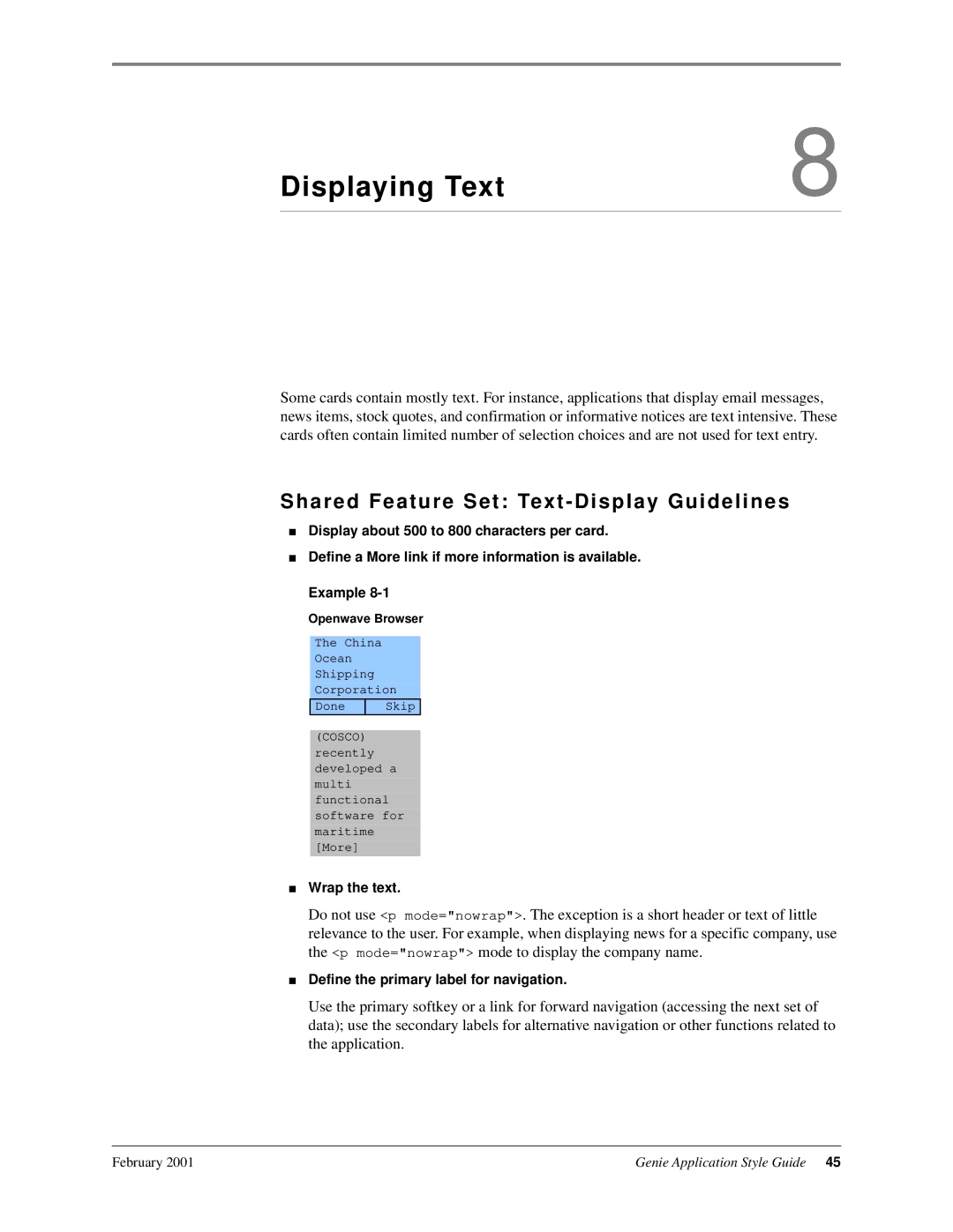 Genie 7110 manual Displaying Text, Shared Feature Set Text Display Guidelines, Wrap the text 