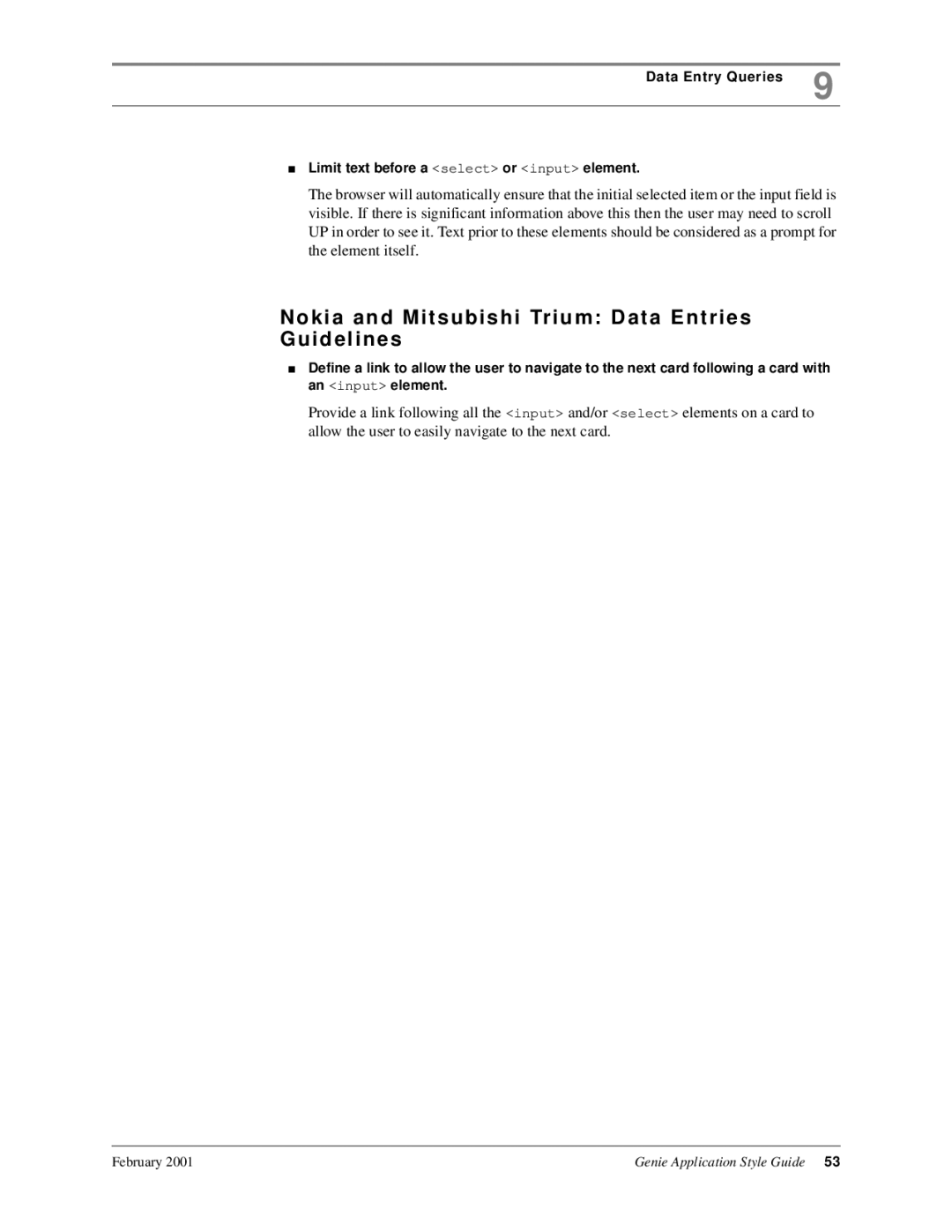 Genie 7110 manual Nokia and Mitsubishi Trium Data Entries Guidelines 