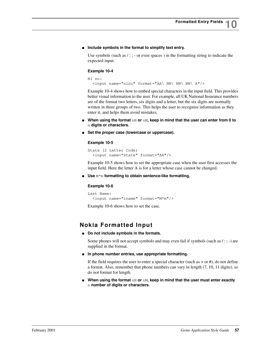 Genie 7110 Nokia Formatted Input, Do not include symbols in the formats, Phone number entries, use appropriate formatting 