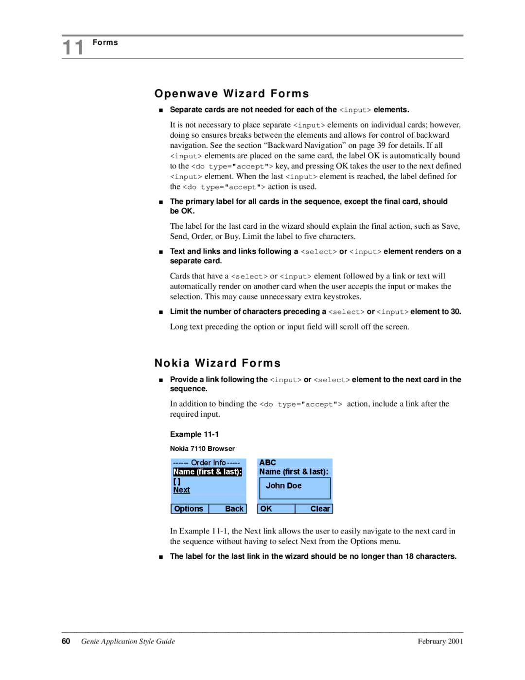 Genie 7110 manual Openwave Wizard Forms, Nokia Wizard Forms 