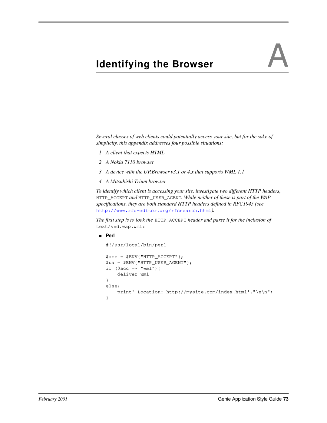 Genie 7110 manual Identifying the Browser, Perl 