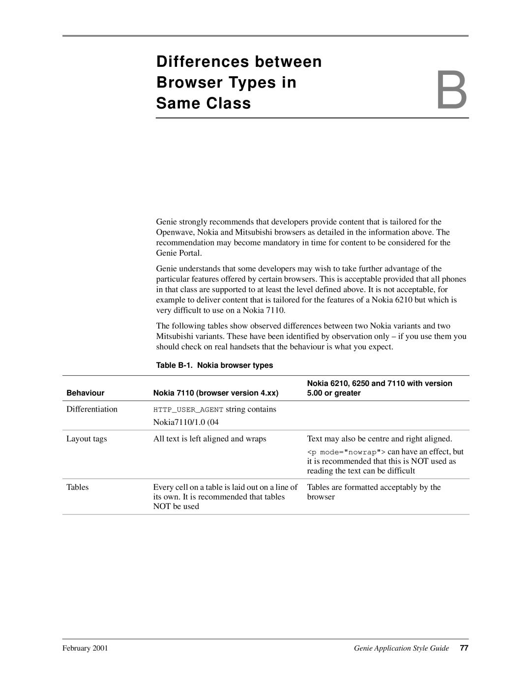 Genie 7110 manual Differences between Browser Types in Same Class, Tables are formatted acceptably by the browser 