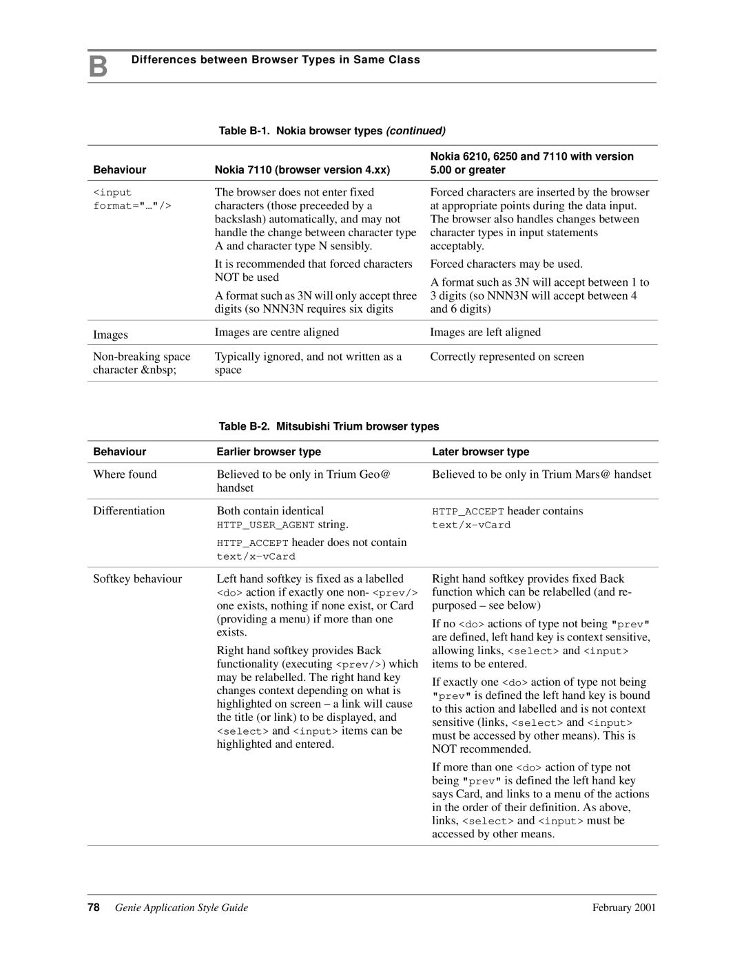 Genie manual Nokia 6210, 6250 and 7110 with version 5.00 or greater, Table B-2. Mitsubishi Trium browser types 