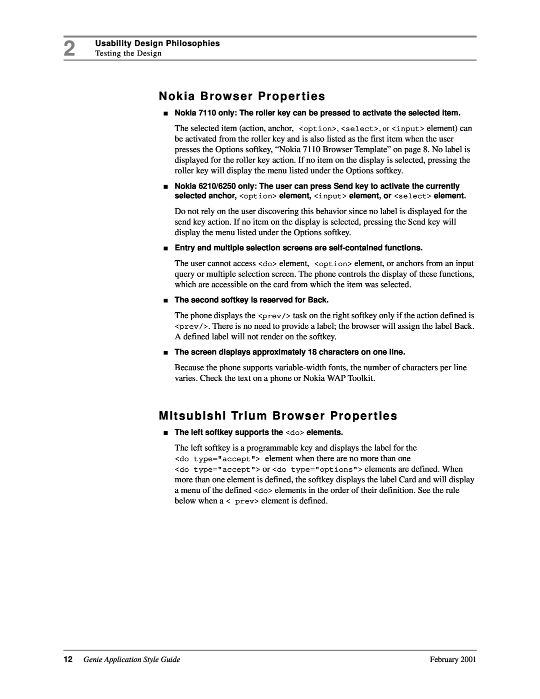 Genie 7110 manual Nokia Browser Proper ties, Mitsubishi Trium Browser Proper ties, Genie Application Style Guide 
