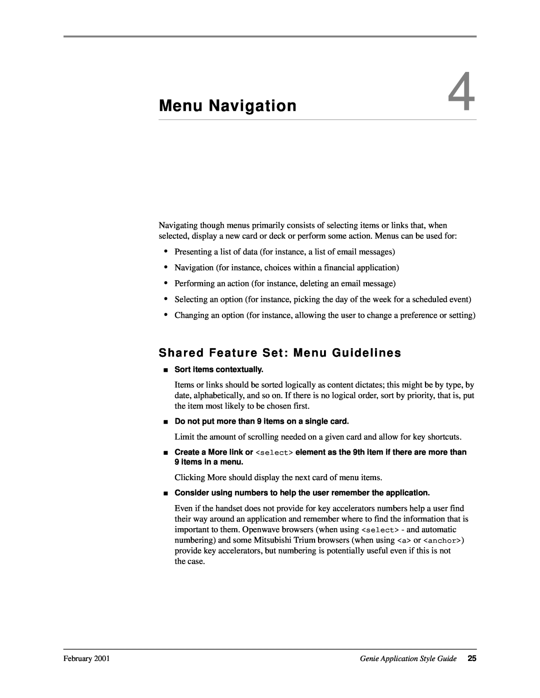 Genie 7110 manual Menu Navigation, Shared Feature Set Menu Guidelines 