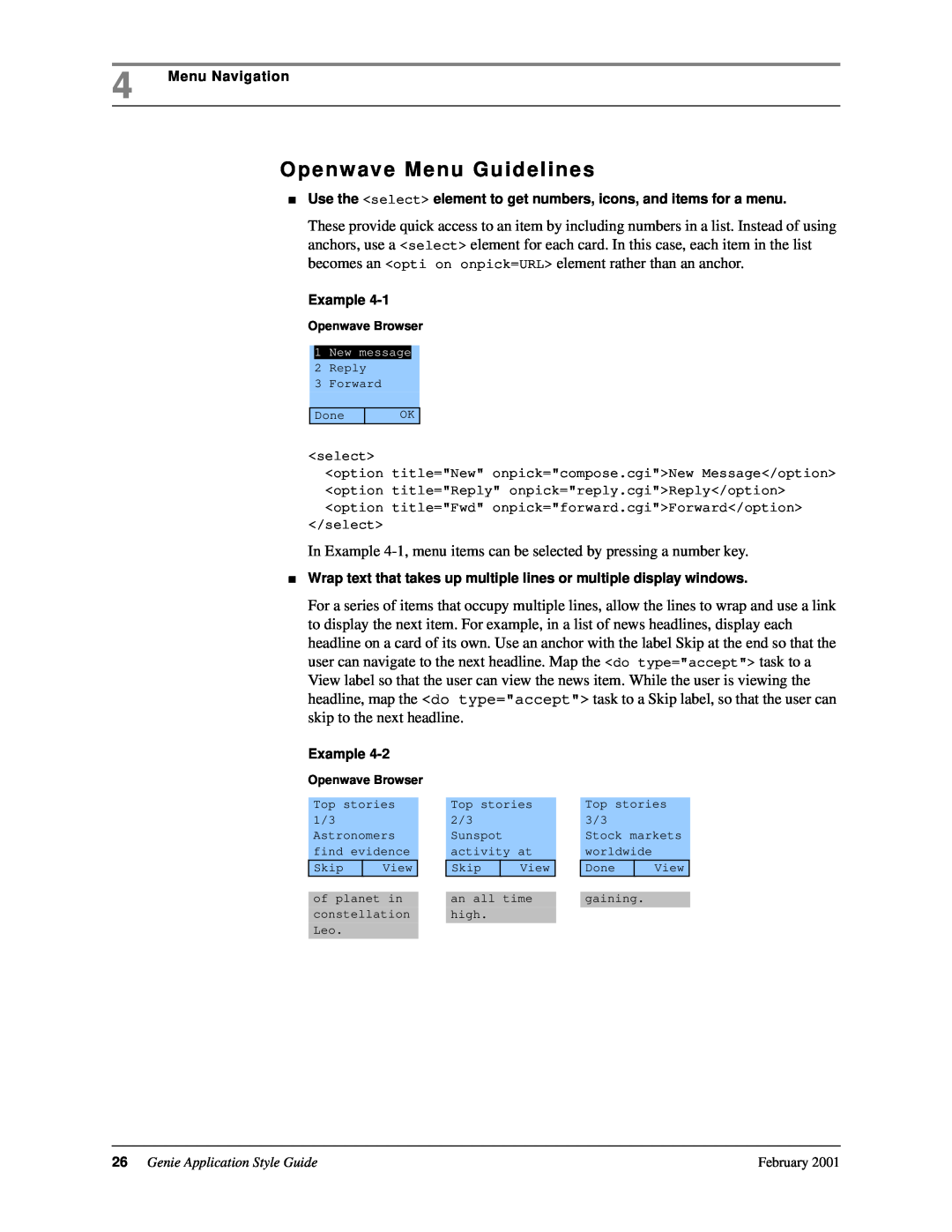 Genie 7110 manual Openwave Menu Guidelines 