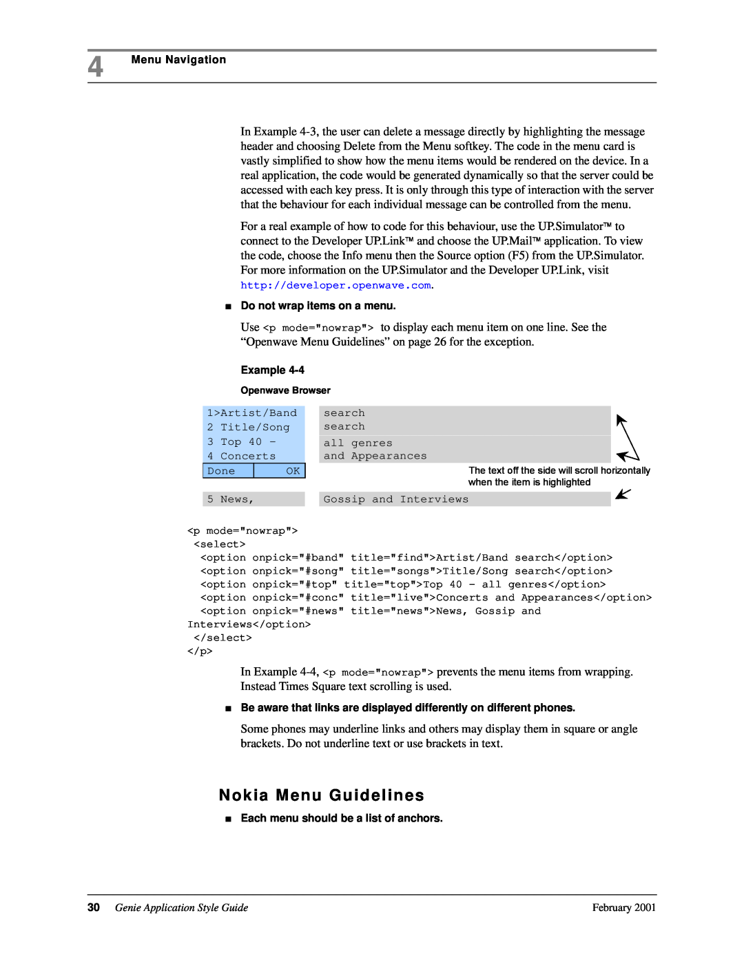 Genie 7110 manual Nokia Menu Guidelines, Genie Application Style Guide 