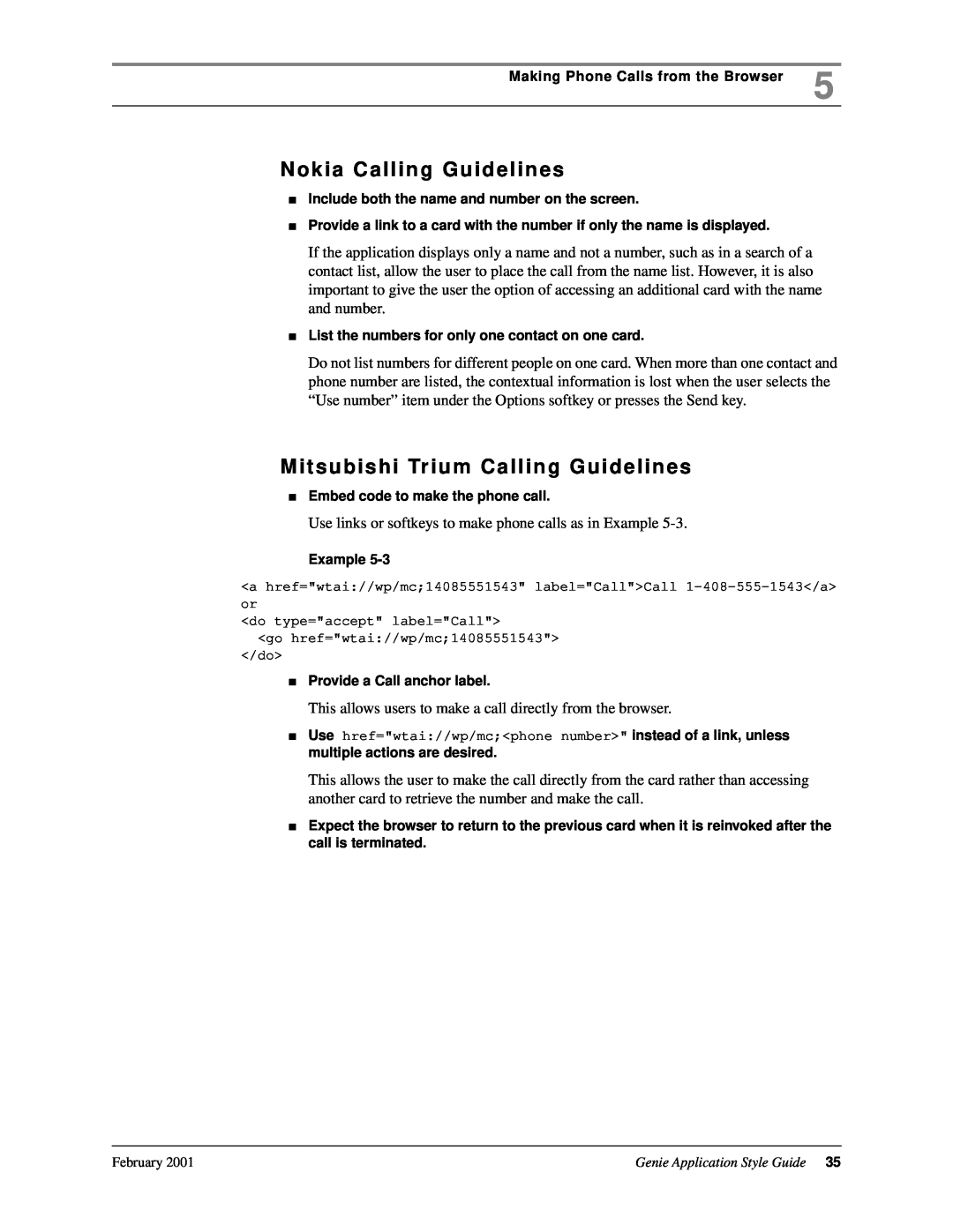 Genie 7110 manual Nokia Calling Guidelines, Mitsubishi Trium Calling Guidelines 