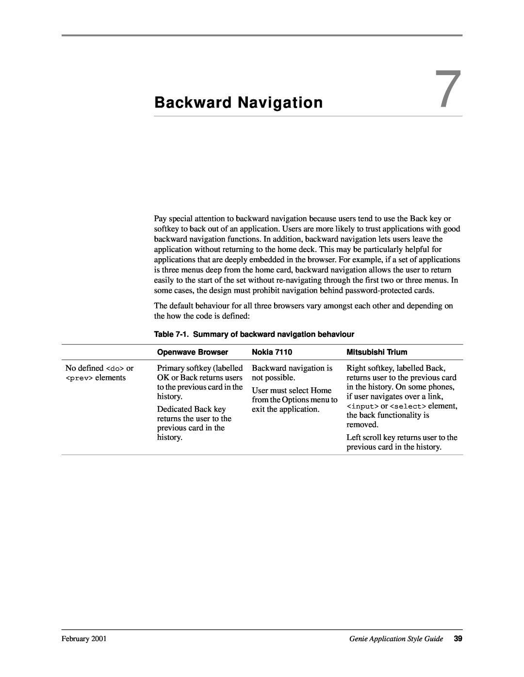 Genie 7110 manual Backward Navigation 