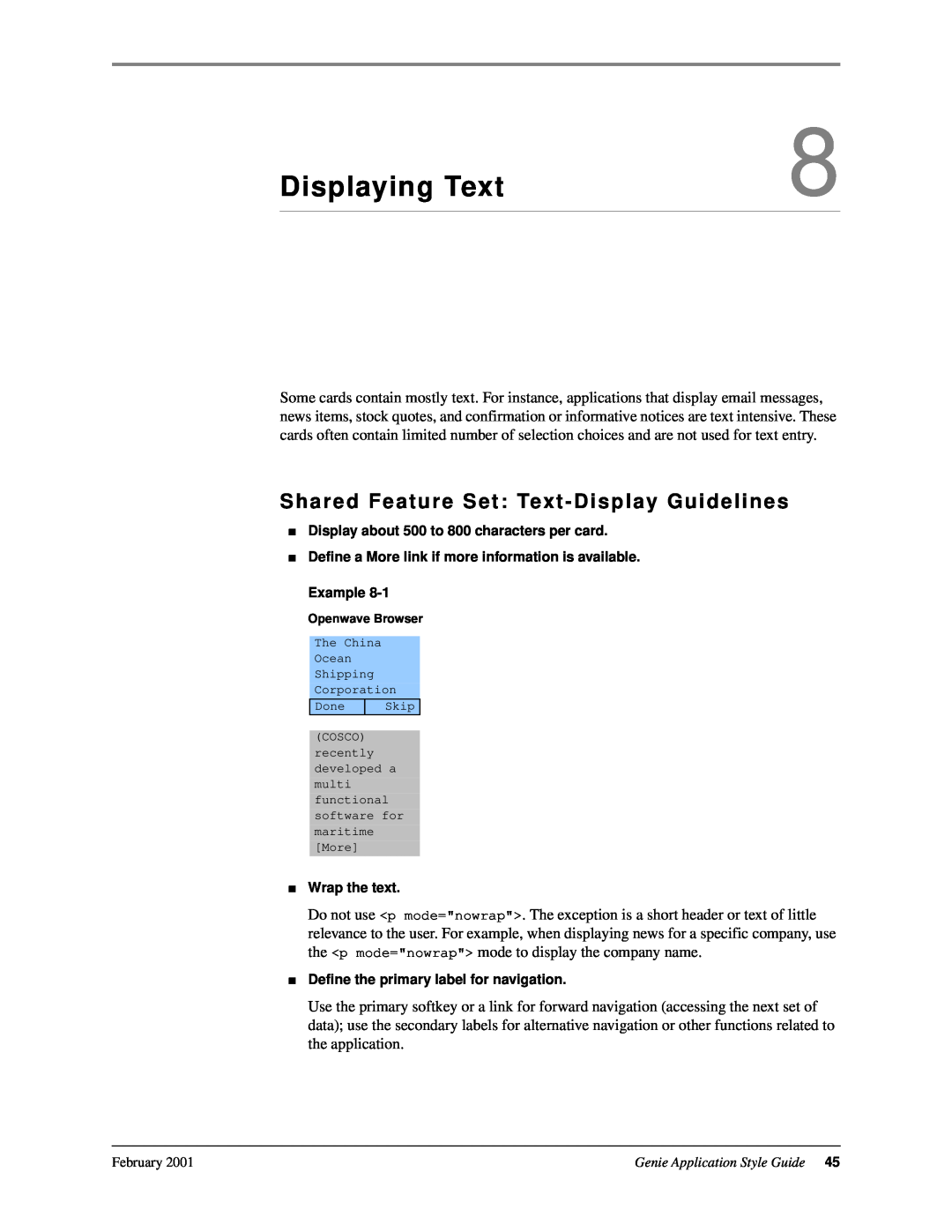 Genie 7110 manual Displaying Text, Shared Feature Set Text - Display Guidelines 