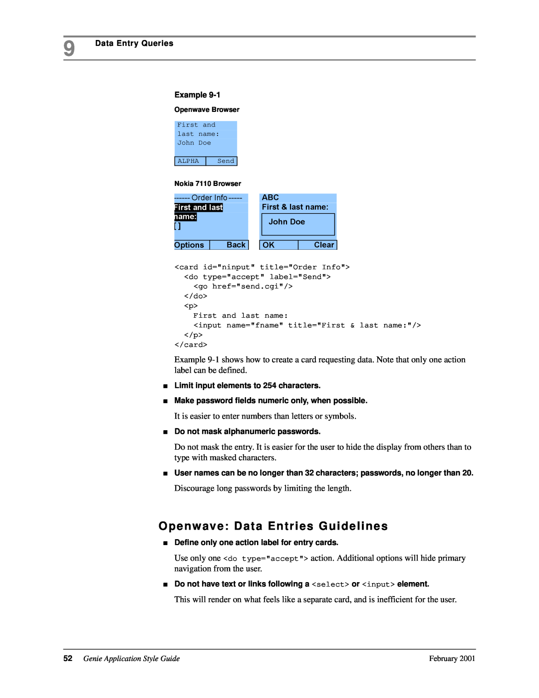 Genie 7110 manual Openwave Data Entries Guidelines 