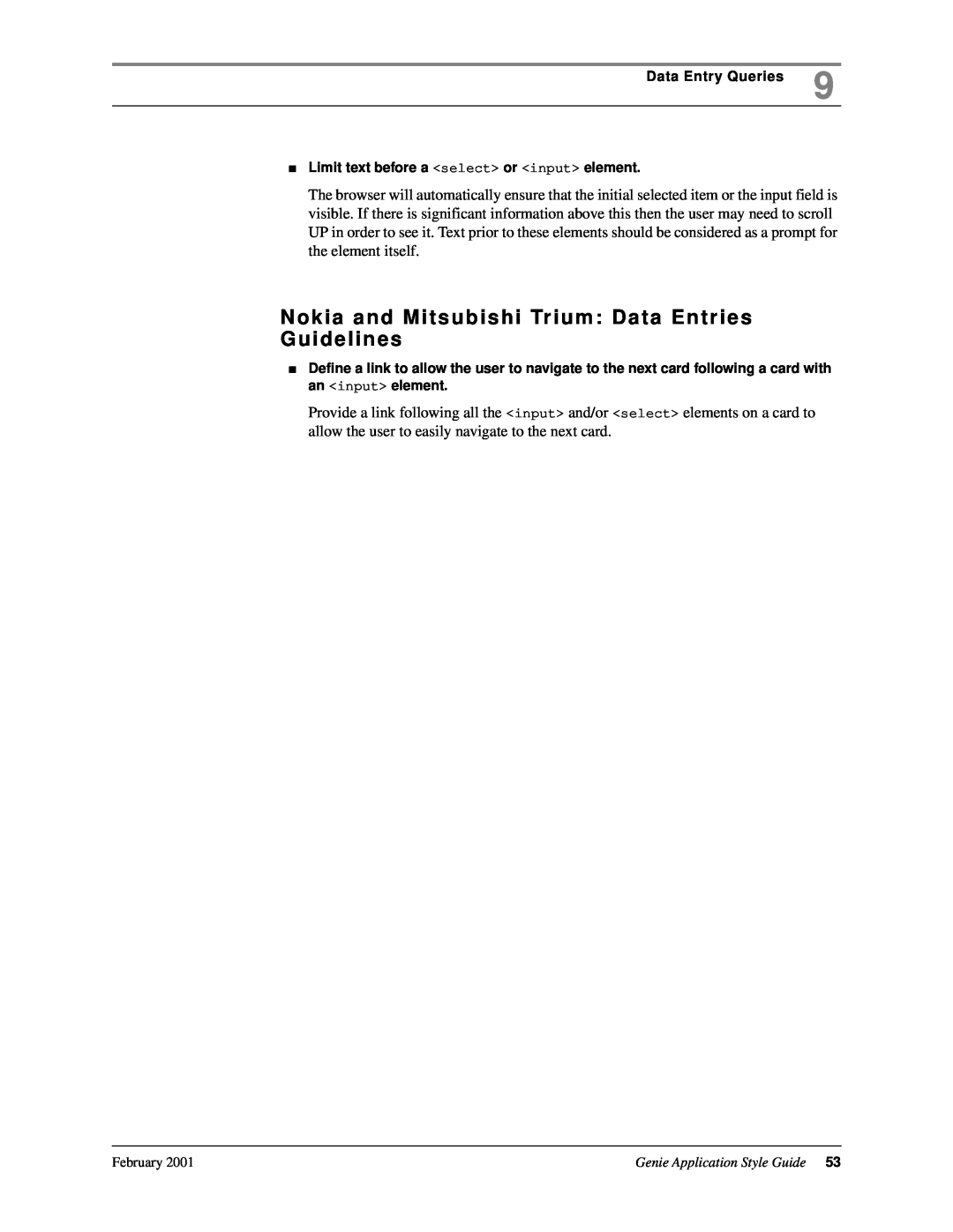 Genie 7110 manual Nokia and Mitsubishi Trium Data Entries Guidelines 