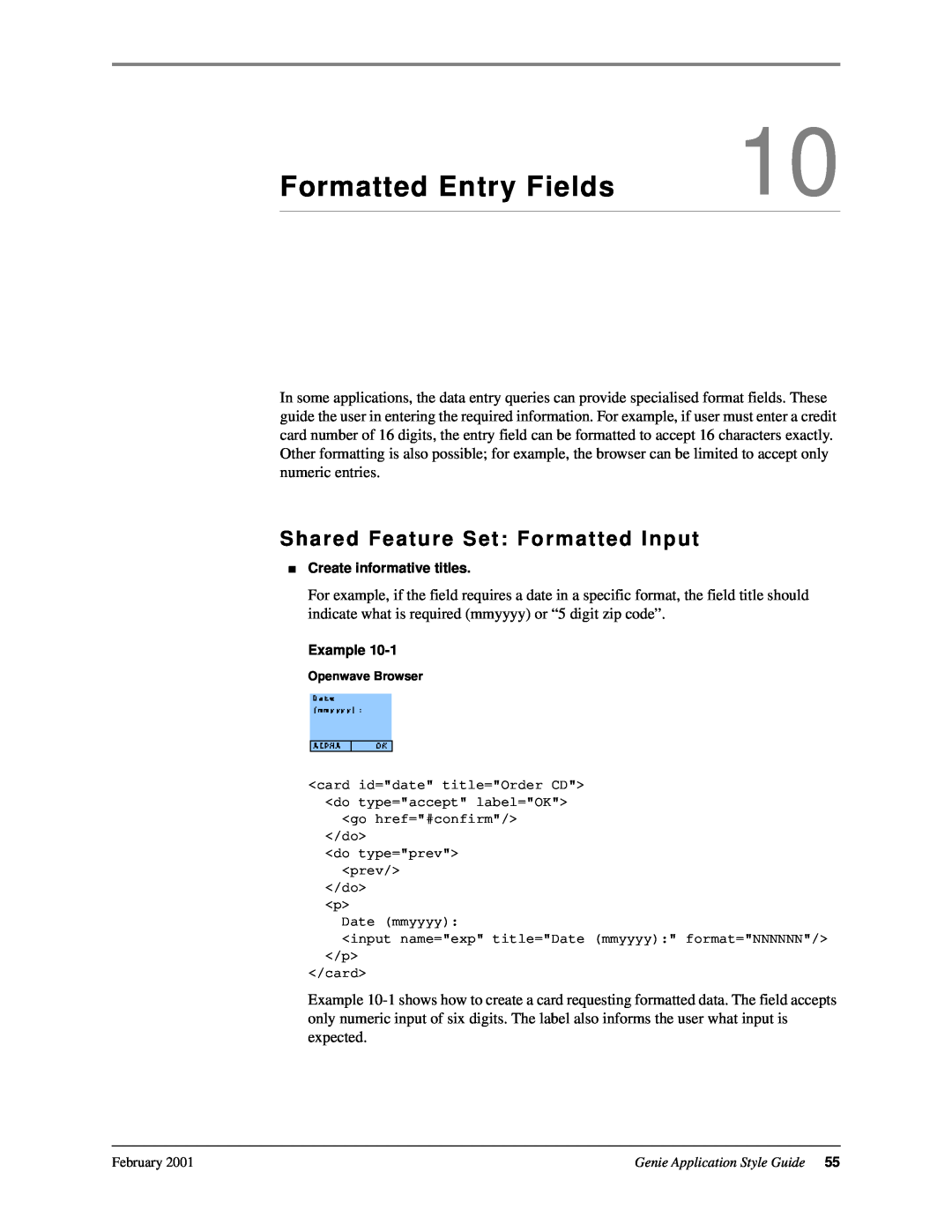 Genie 7110 manual Formatted Entry Fields, Shared Feature Set Formatted Input 