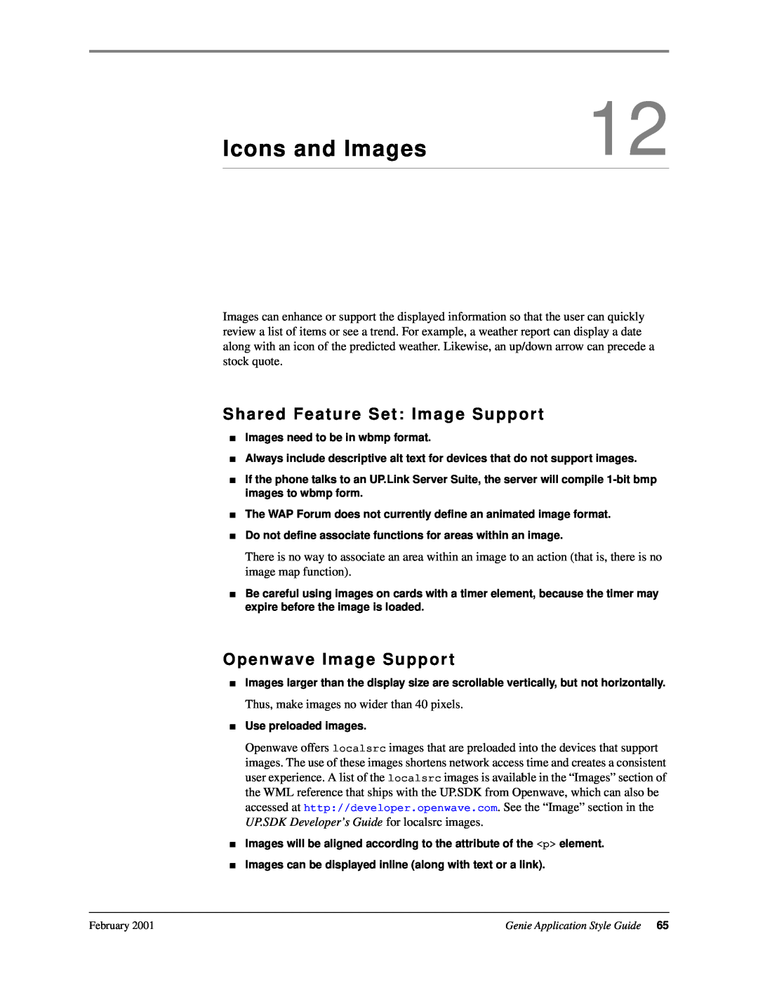 Genie 7110 manual Icons and Images, Shared Feature Set Imag e Suppor t, Openwave Imag e Suppor t 