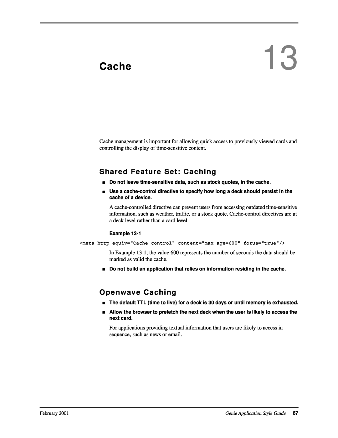 Genie 7110 manual Cache, Shared Feature Set Caching, Openwave Caching 