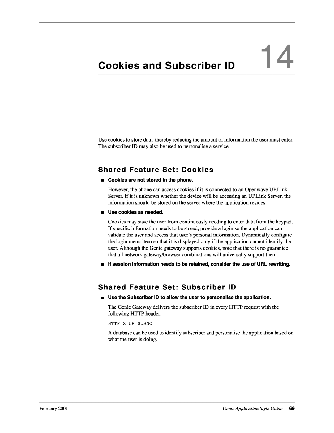 Genie 7110 manual Cookies and Subscriber ID, Shared Feature Set Cookies, Shared Feature Set Subscriber ID 