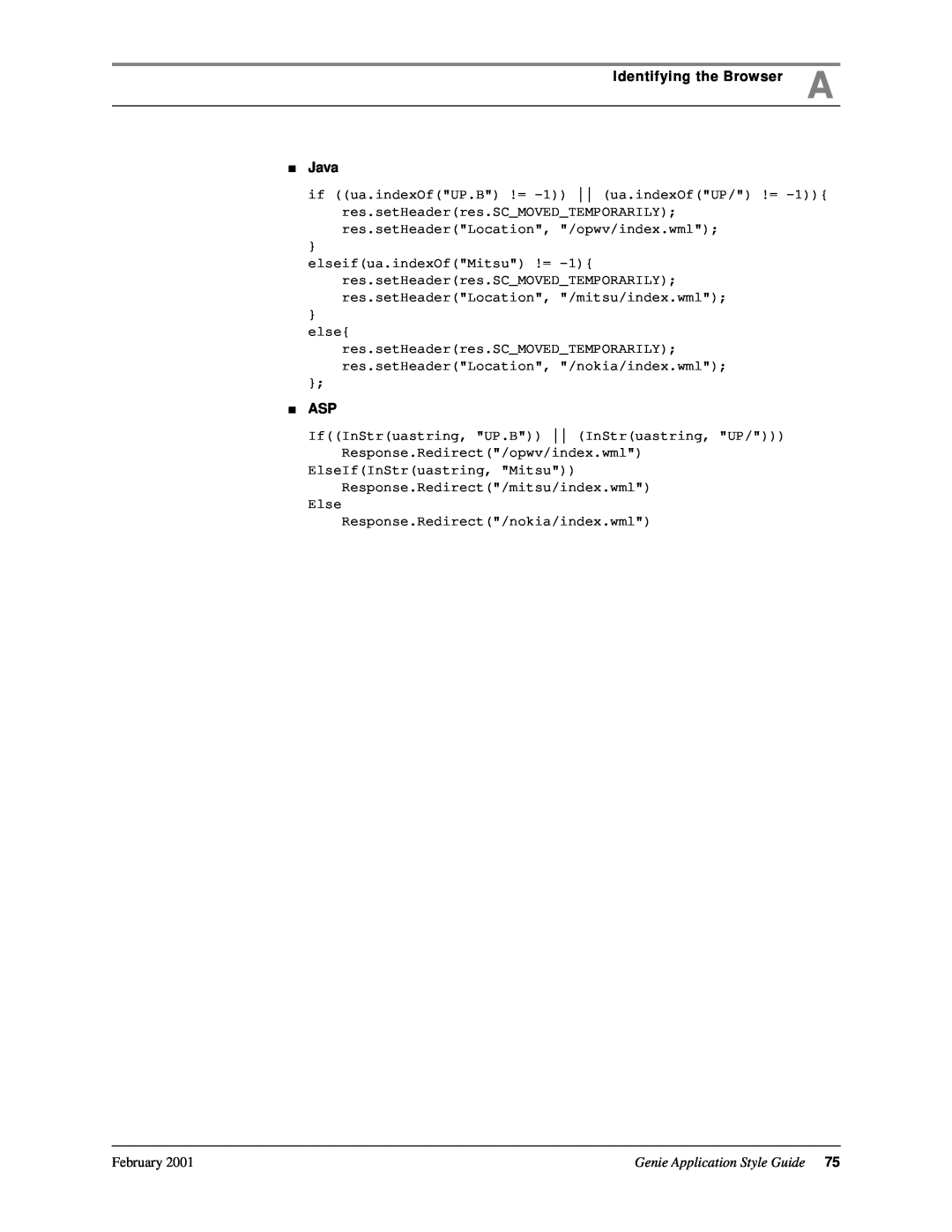 Genie 7110 manual Identifying the Browser A Java, ElseIfInStruastring, Mitsu Response.Redirect/mitsu/index.wml Else 
