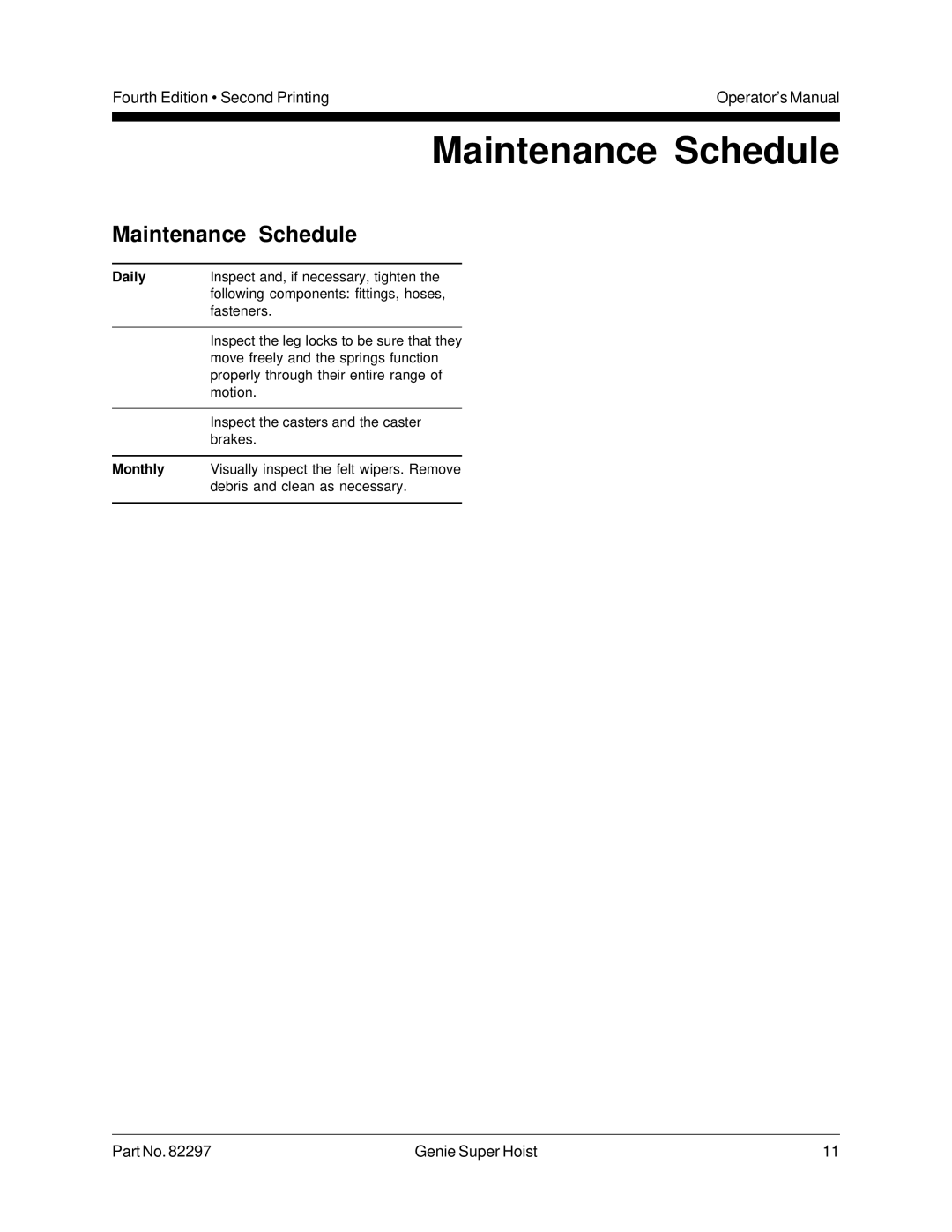 Genie 82297 manual Maintenance Schedule 