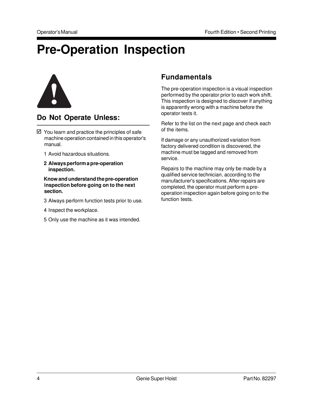 Genie 82297 manual Pre-Operation Inspection, Fundamentals 