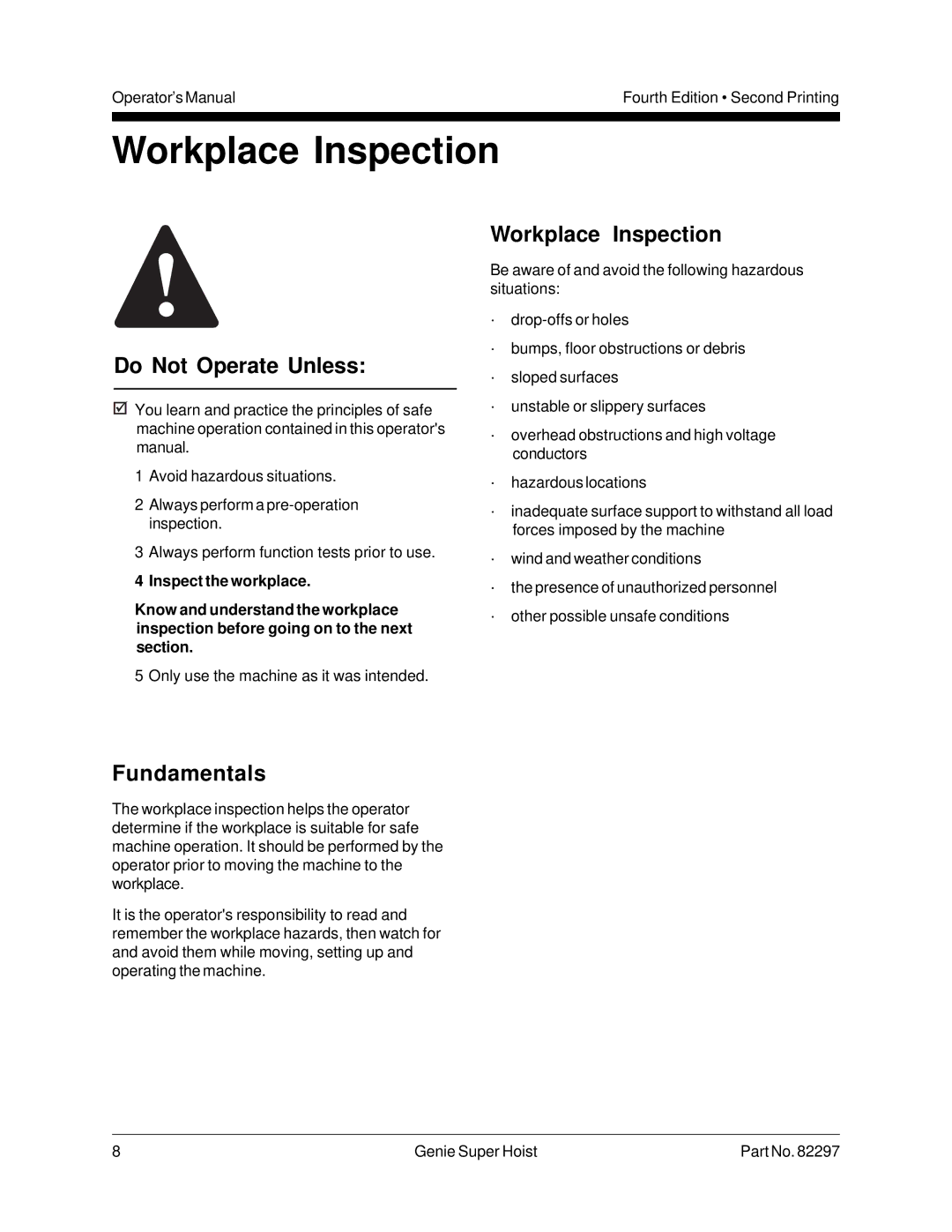 Genie 82297 manual Workplace Inspection 