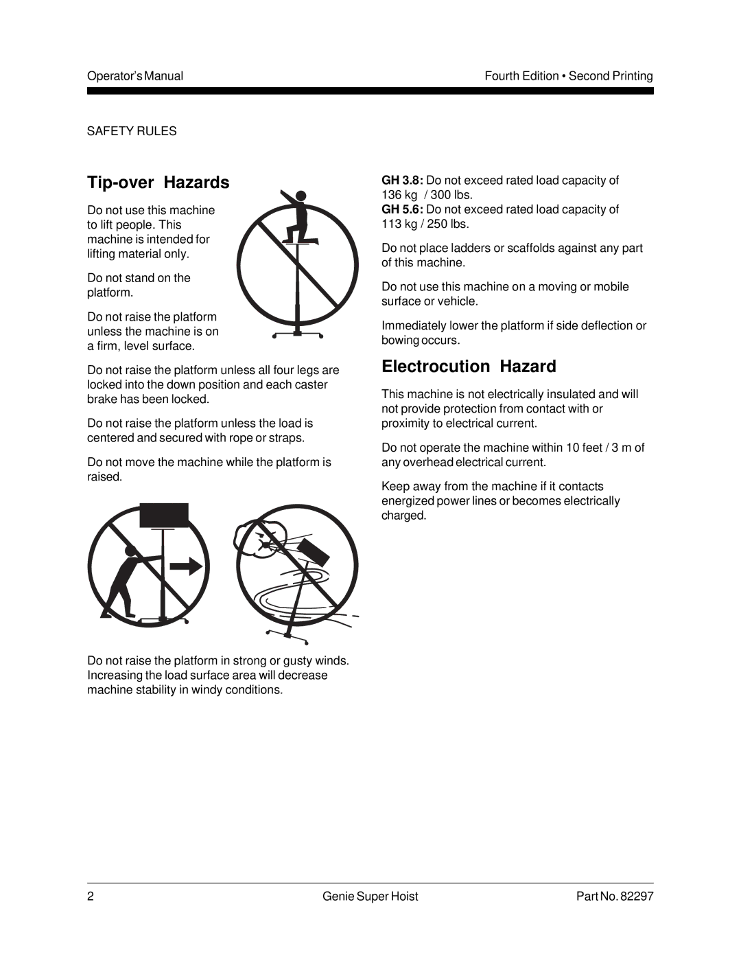 Genie 82297 manual Tip-over Hazards, Electrocution Hazard 