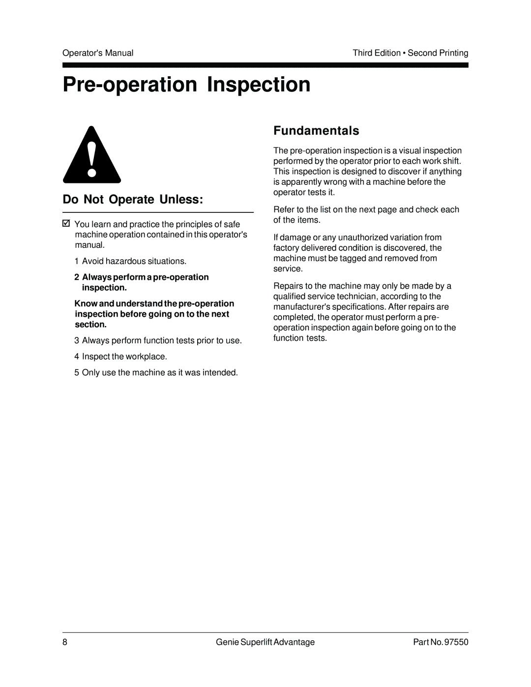 Genie 97550 manual Pre-operation Inspection, Fundamentals 