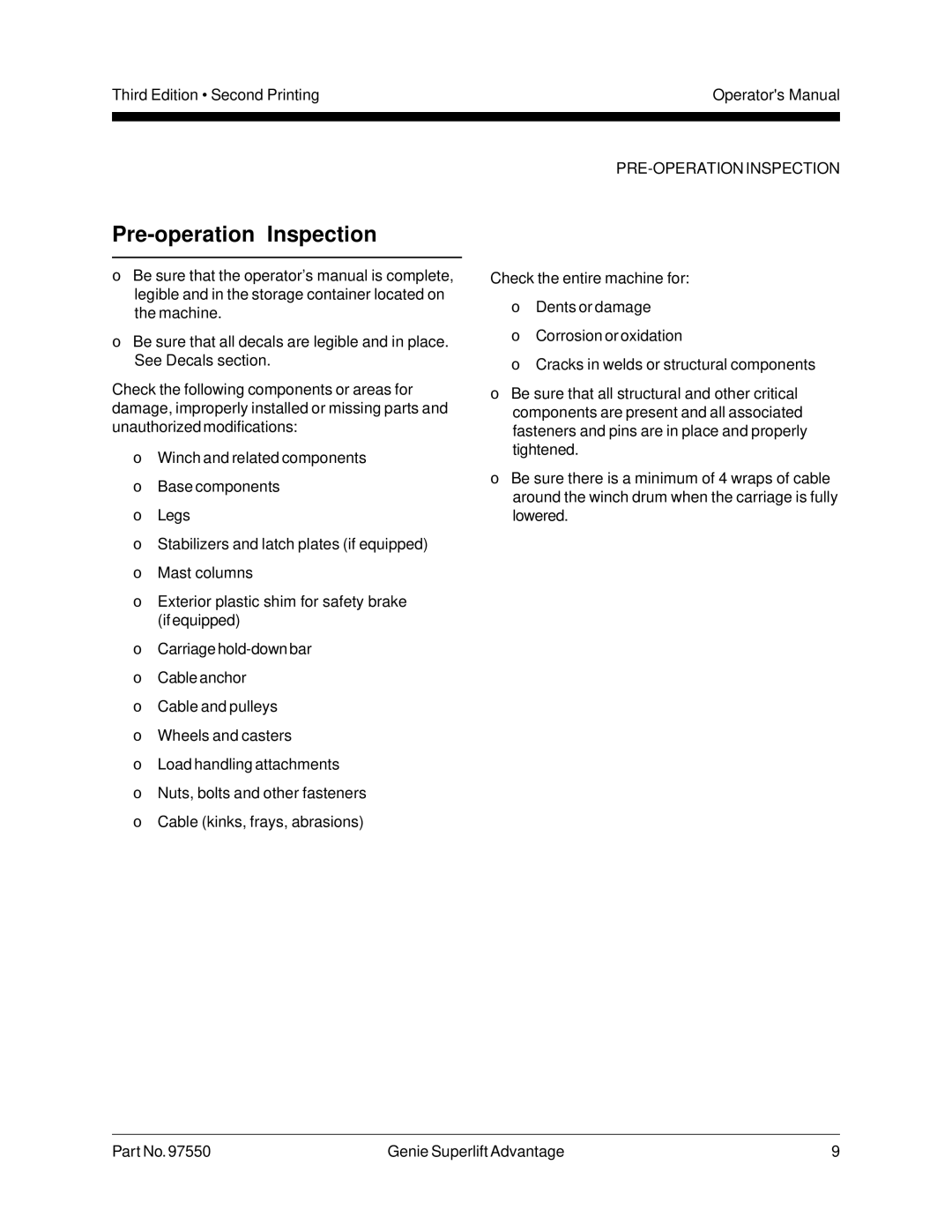 Genie 97550 manual Pre-operation Inspection, PRE-OPERATION Inspection 