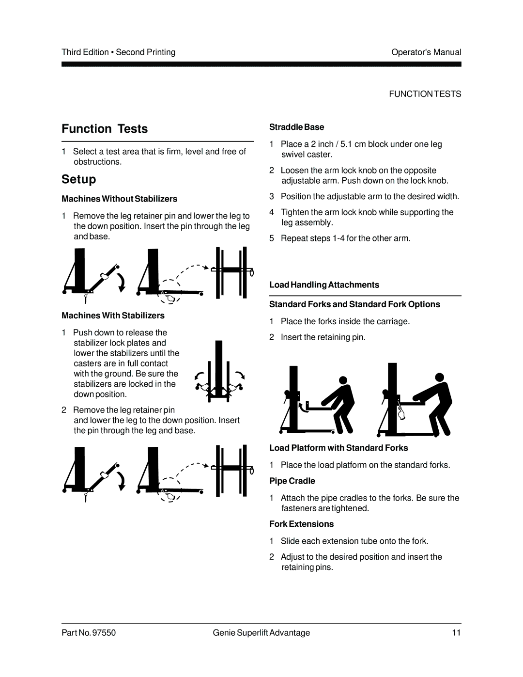 Genie 97550 manual Function Tests, Setup, Machines Without Stabilizers, Straddle Base, Machines With Stabilizers 