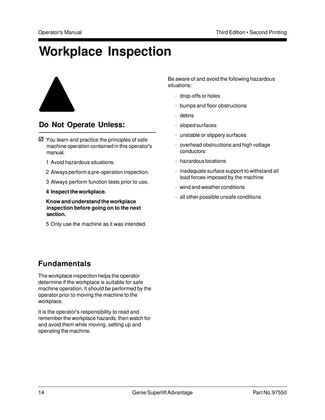 Genie 97550 manual Workplace Inspection, Do Not Operate Unless 