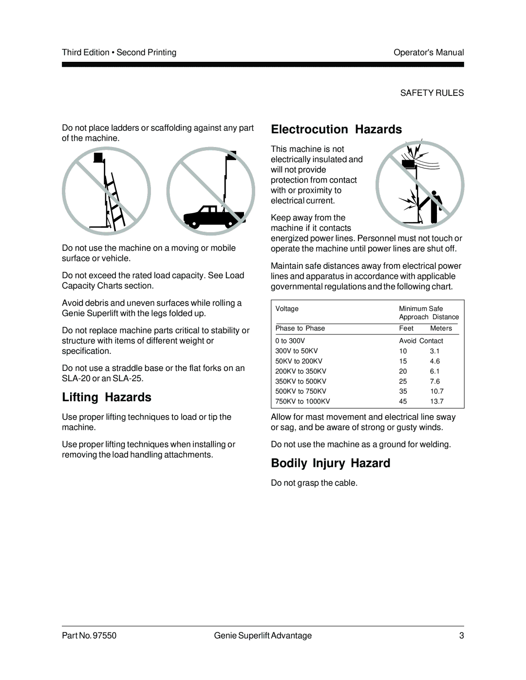 Genie 97550 manual Lifting Hazards, Electrocution Hazards, Bodily Injury Hazard 