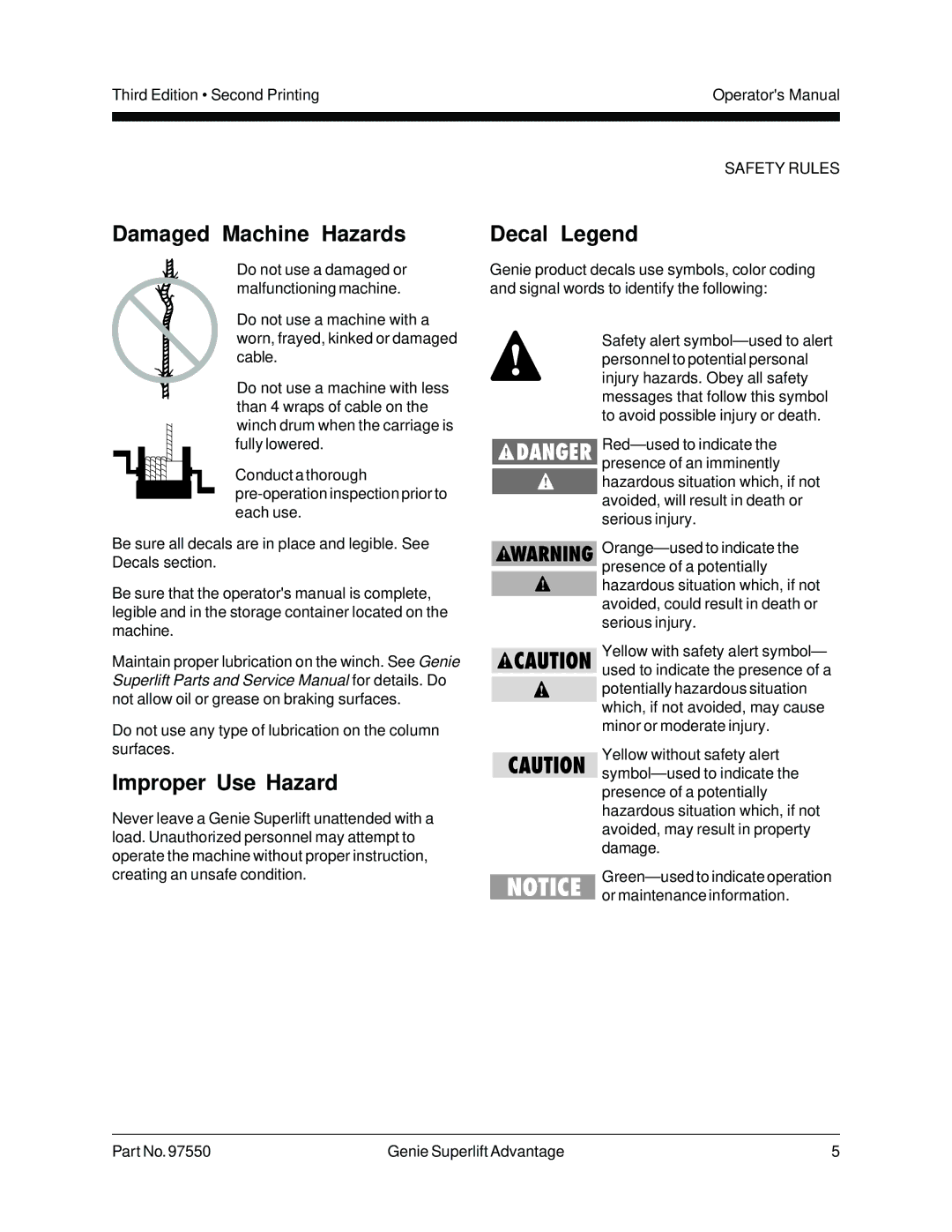 Genie 97550 manual Damaged Machine Hazards Decal Legend, Improper Use Hazard 