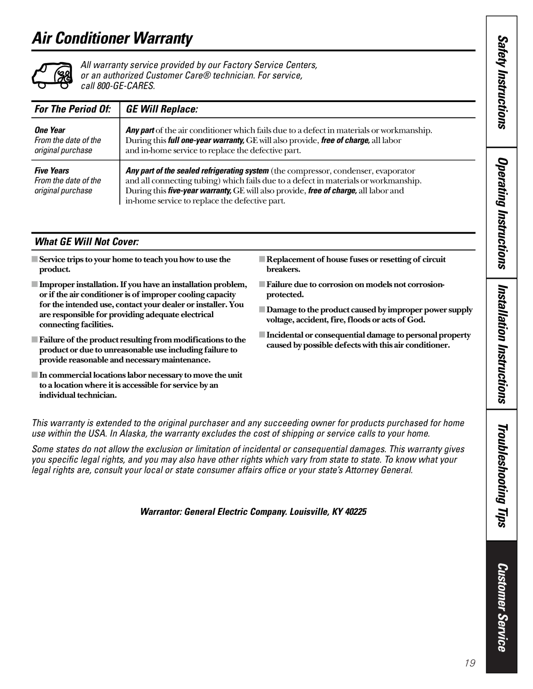 Genie AG_06, AG_05 owner manual Air Conditioner Warranty, GE Will Replace, What GE Will Not Cover, One Year 