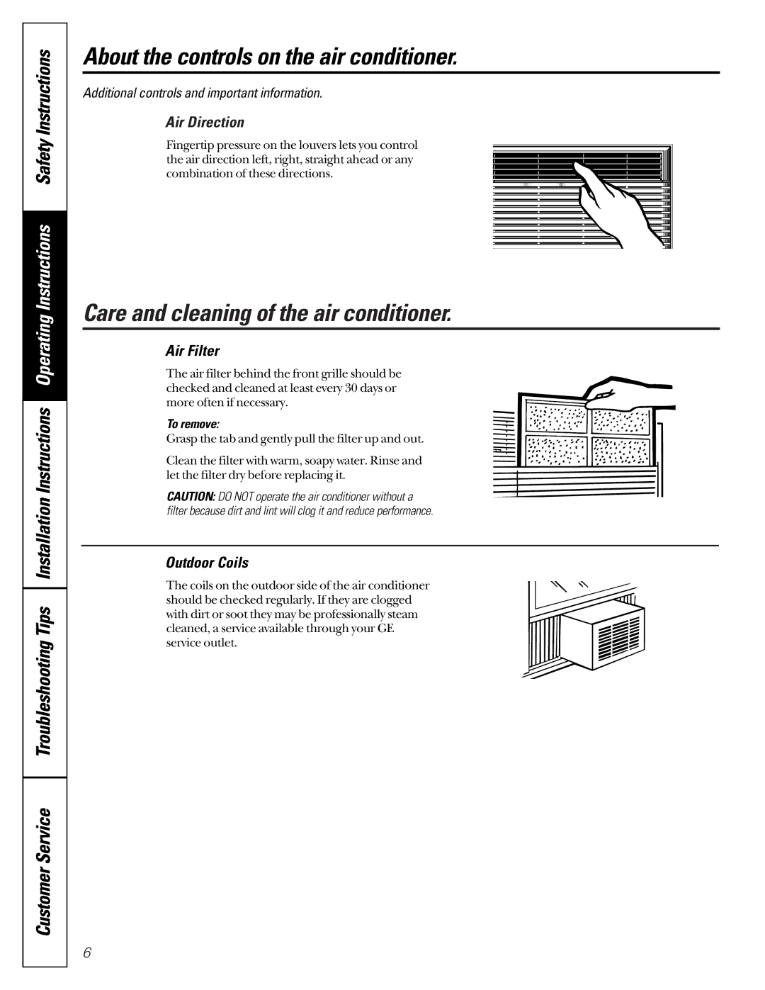 Genie AG_05, AG_06 Care and cleaning of the air conditioner, Air Direction, Air Filter, Outdoor Coils, To remove 