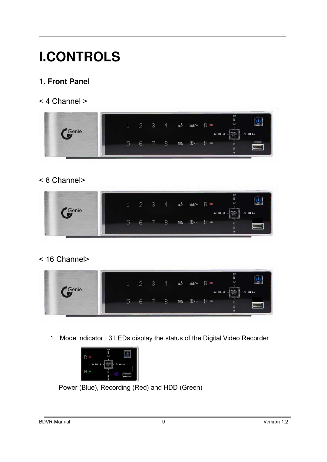 Genie BDVR-16, BDVR-8, BDVR-4 manual Controls, Front Panel 