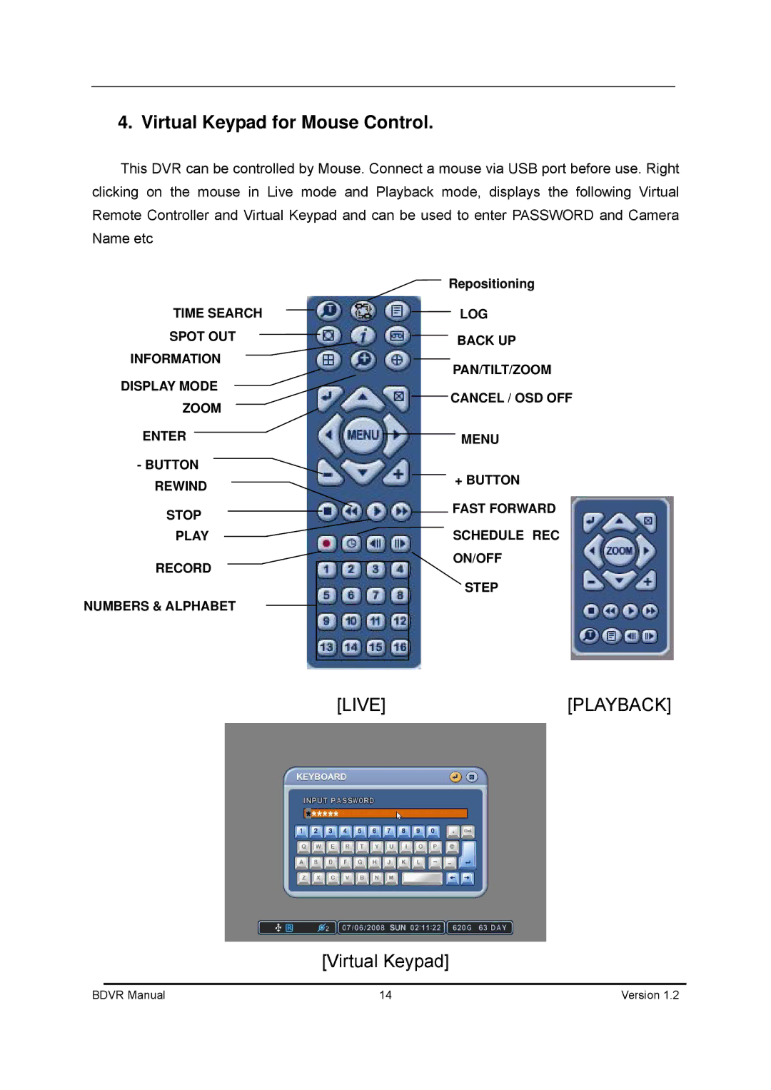 Genie BDVR-8, BDVR-16, BDVR-4 manual Virtual Keypad for Mouse Control, Repositioning 