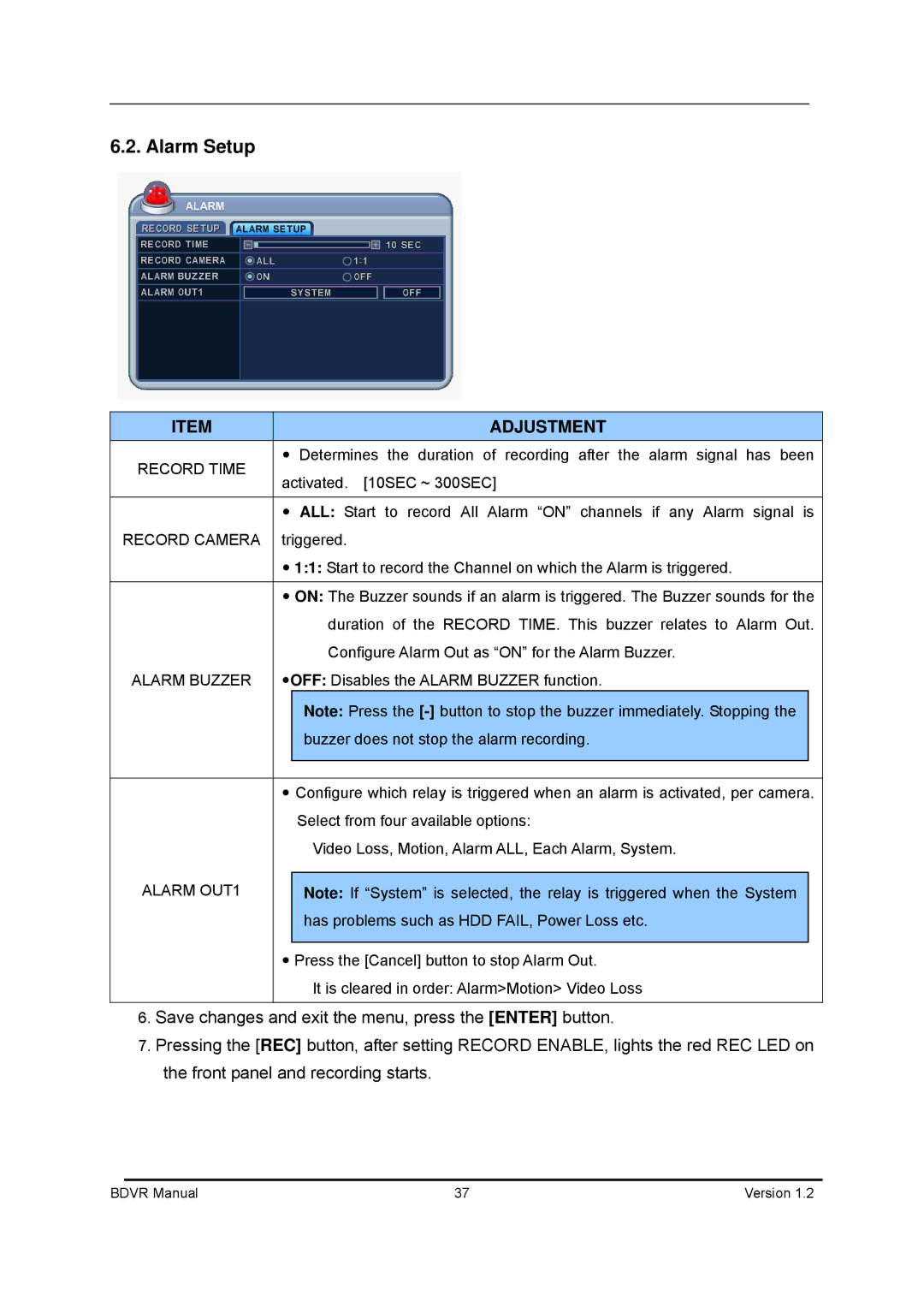 Genie BDVR-4, BDVR-8, BDVR-16 manual Alarm Setup, Record Camera, Alarm Buzzer, Alarm OUT1 