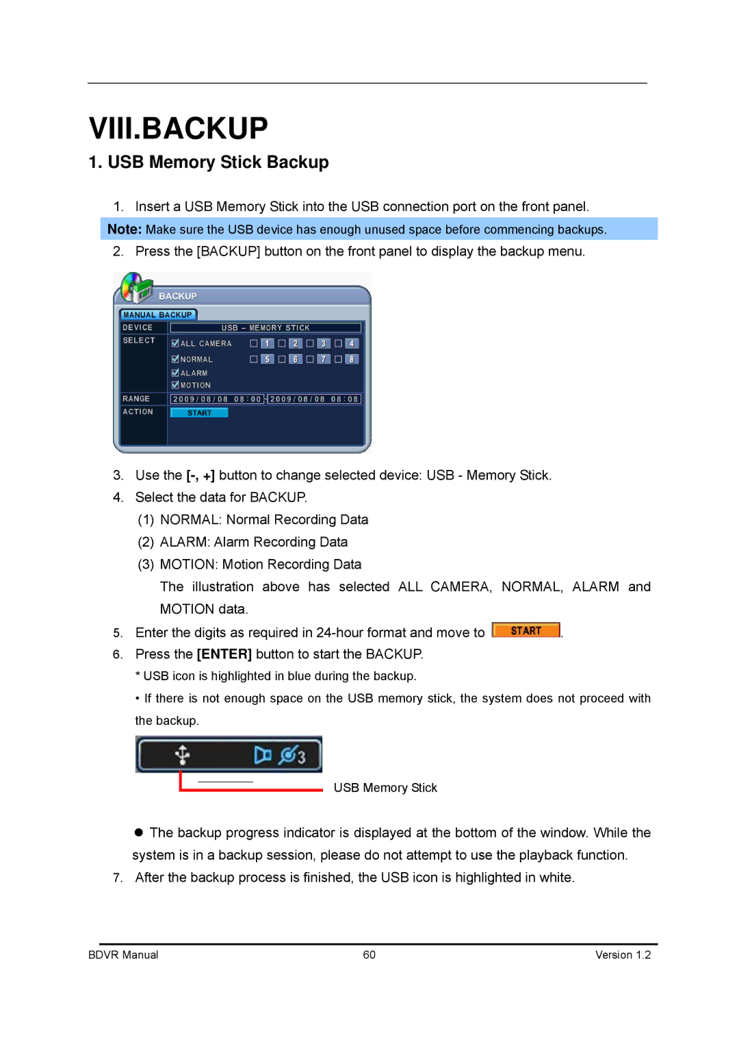 Genie BDVR-16, BDVR-8, BDVR-4 manual Viii.Backup, USB Memory Stick Backup 