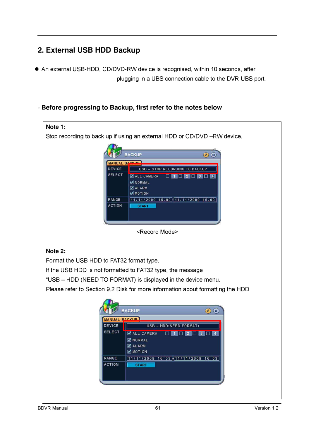 Genie BDVR-4, BDVR-8, BDVR-16 manual External USB HDD Backup, Before progressing to Backup, first refer to the notes below 