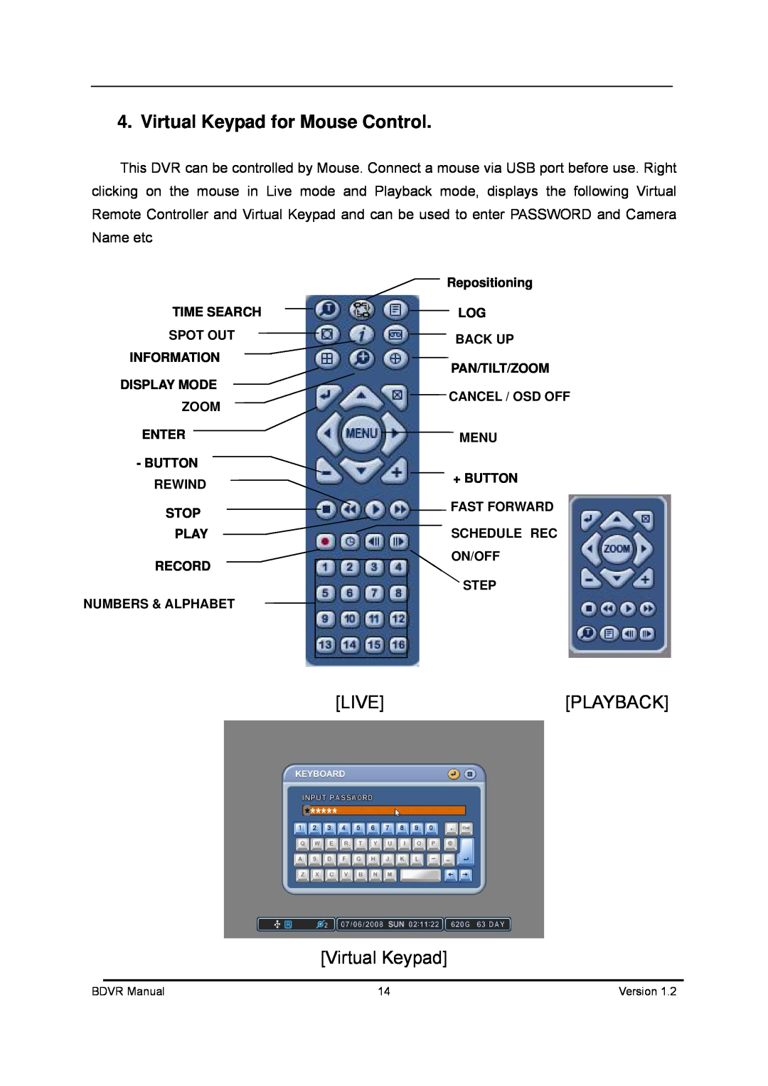 Genie BDVR-8, BDVR-16, BDVR-4 manual Virtual Keypad for Mouse Control, LIVEPLAYBACK Virtual Keypad 