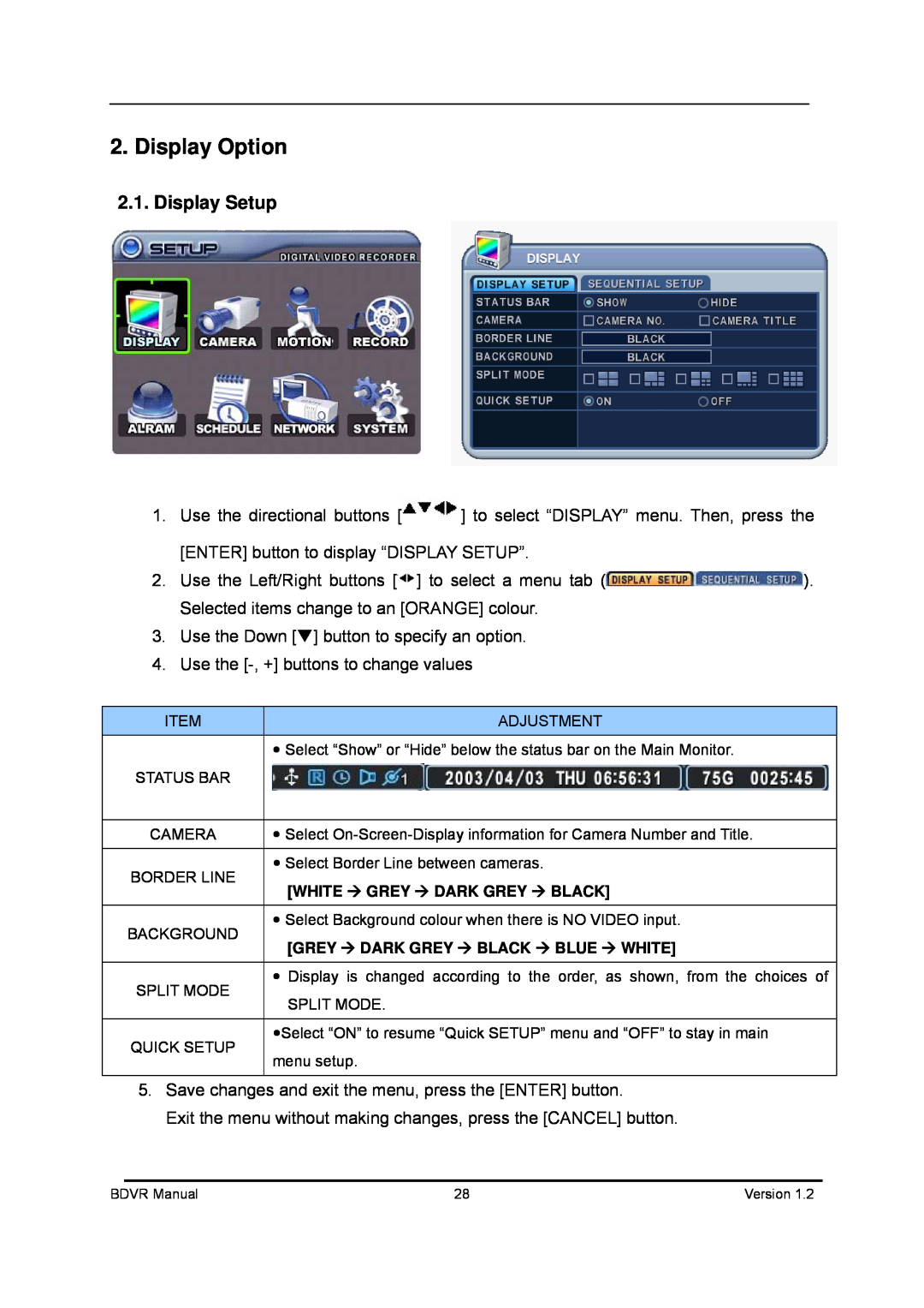 Genie BDVR-4, BDVR-8, BDVR-16 manual Display Option, Display Setup 