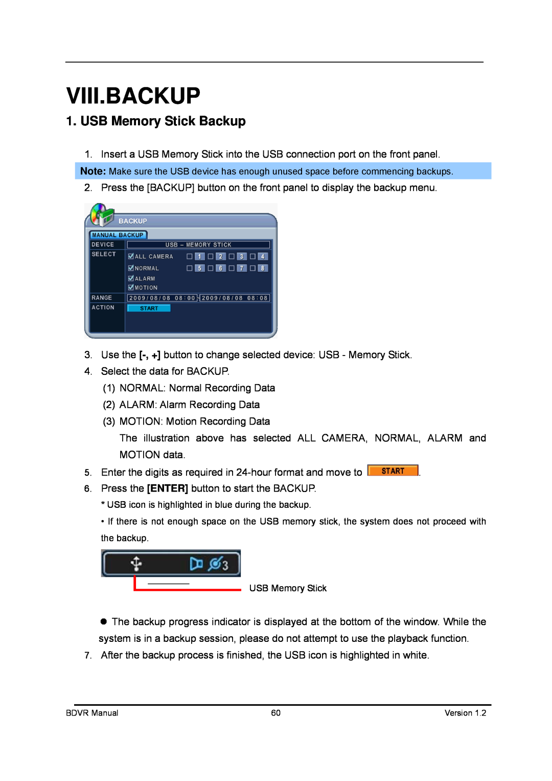 Genie BDVR-16, BDVR-8, BDVR-4 manual Viii.Backup, USB Memory Stick Backup 