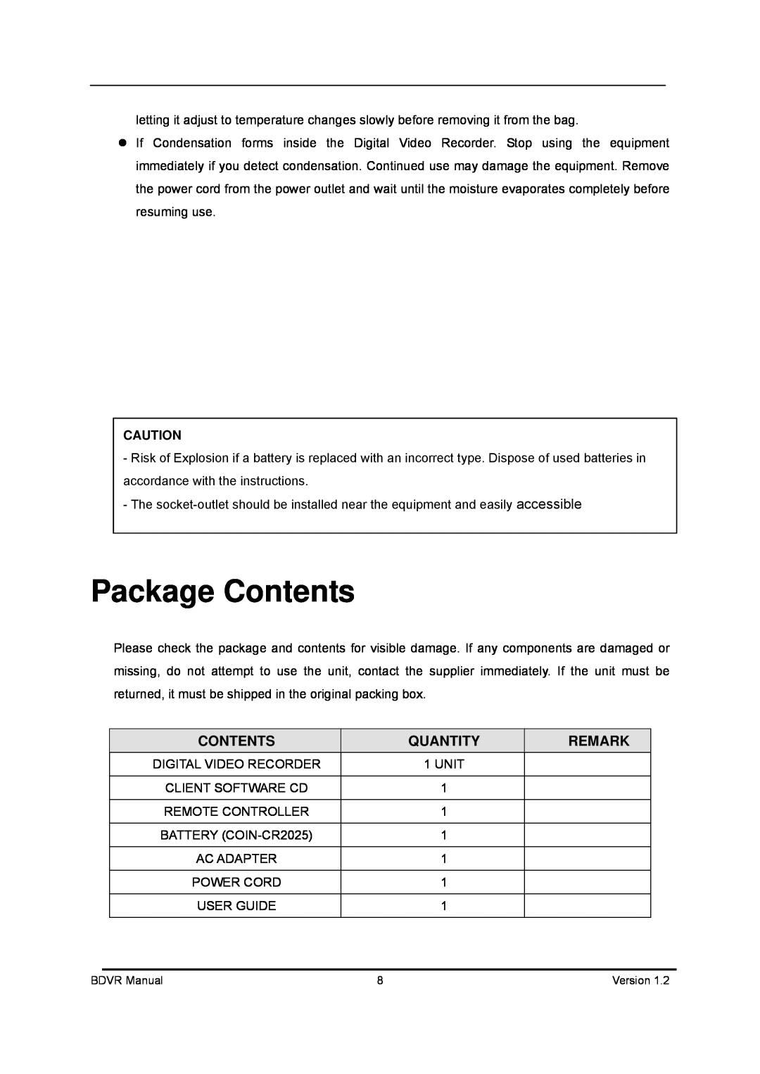 Genie BDVR-8, BDVR-16, BDVR-4 manual Package Contents, Quantity, Remark 