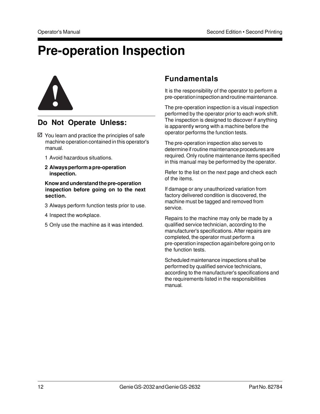 Genie GS-2032, CE, 82784, GS-2632 manual Pre-operation Inspection, Fundamentals 