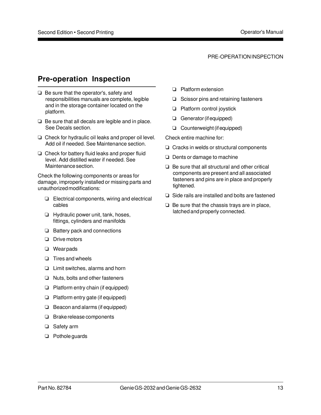 Genie GS-2632, CE, 82784, GS-2032 manual Pre-operation Inspection, PRE-OPERATION Inspection 